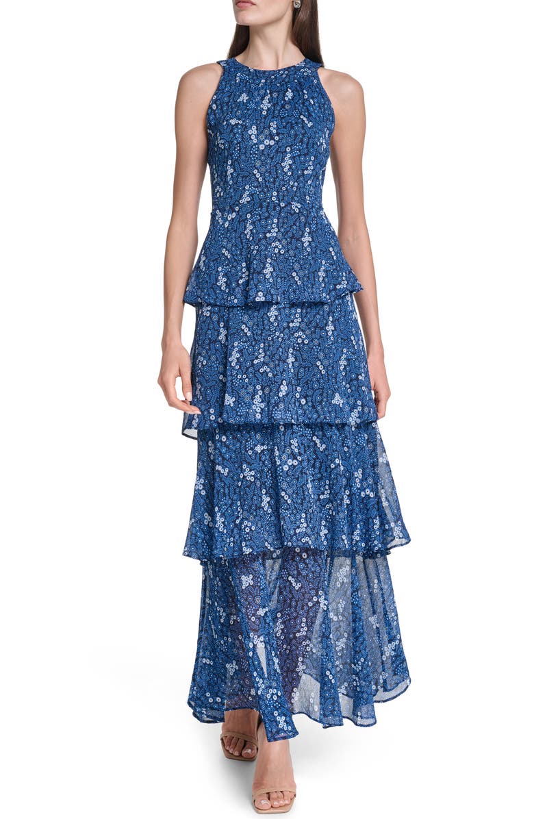 Tommy Hilfiger Tiered Maxi Dress, Main, color, Sky Captain/ Blue
