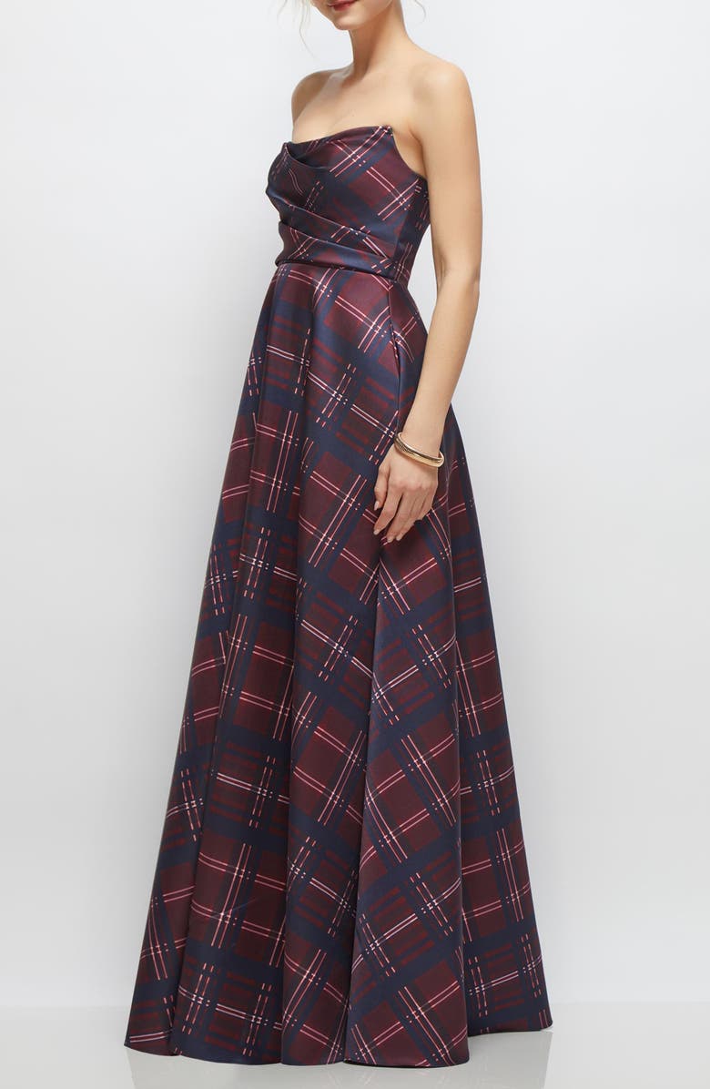 Dessy Collection Tartan Strapless Gown, Alternate, color, Cabernet Midnight