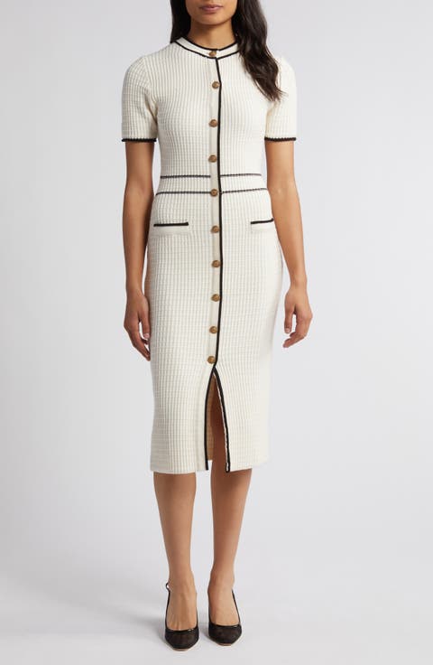 Tipped Button Front Midi Sweater Dress