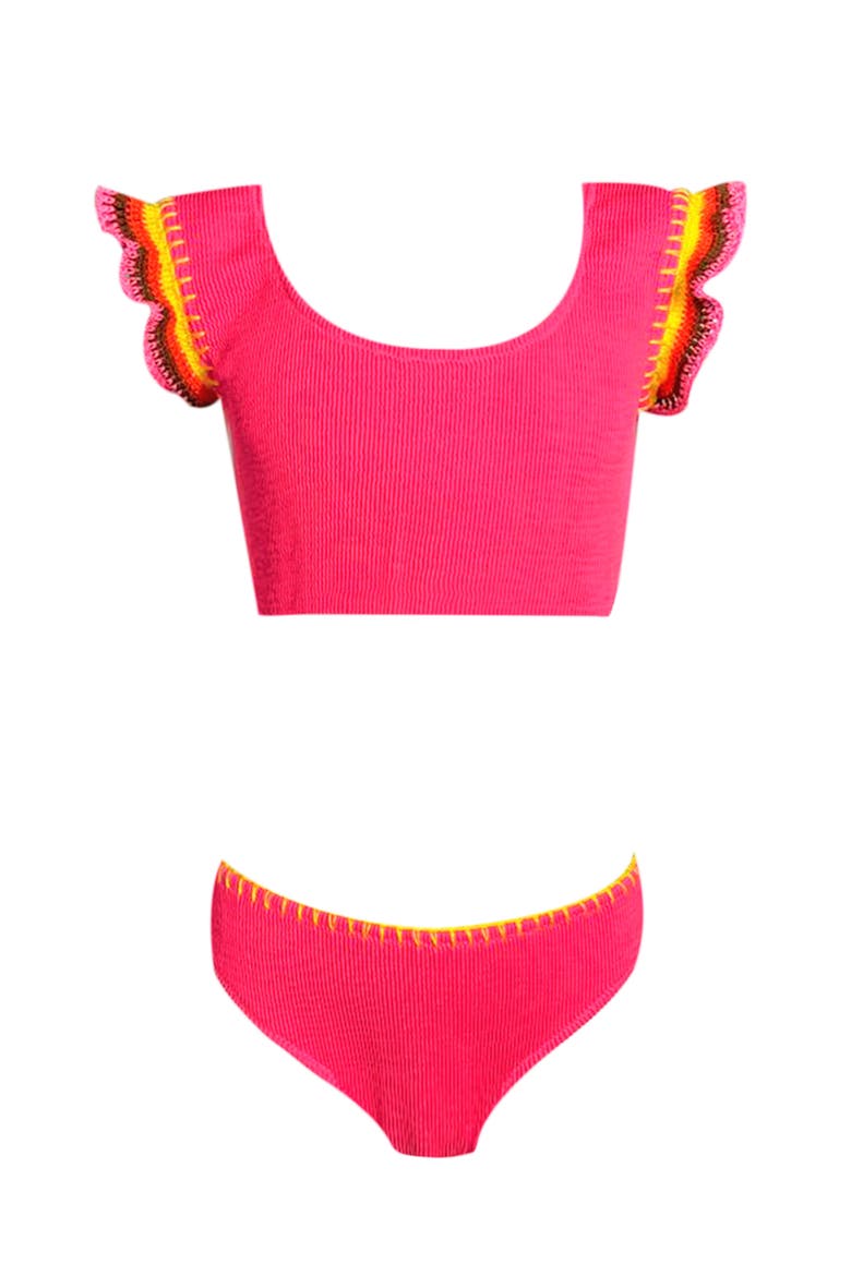 Hand-Knitted Ruffle & Lacework Detail Two Piece Bikini, Little Kid-Big Kid, Main, color, Pink