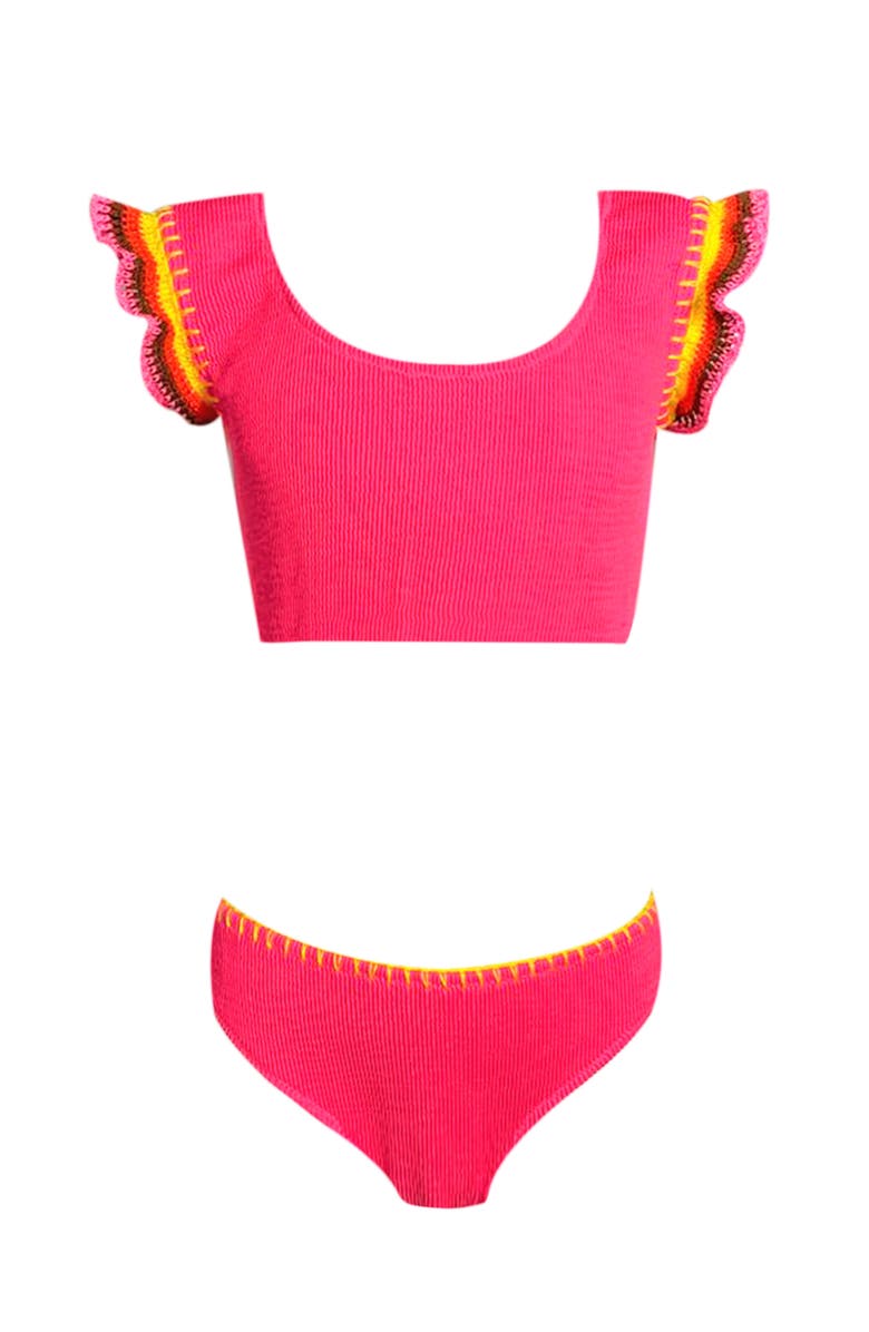 NESSI BYRD Hand-Knitted Ruffle & Lacework Detail Two Piece Bikini, Little Kid-Big Kid, Main, color, Pink