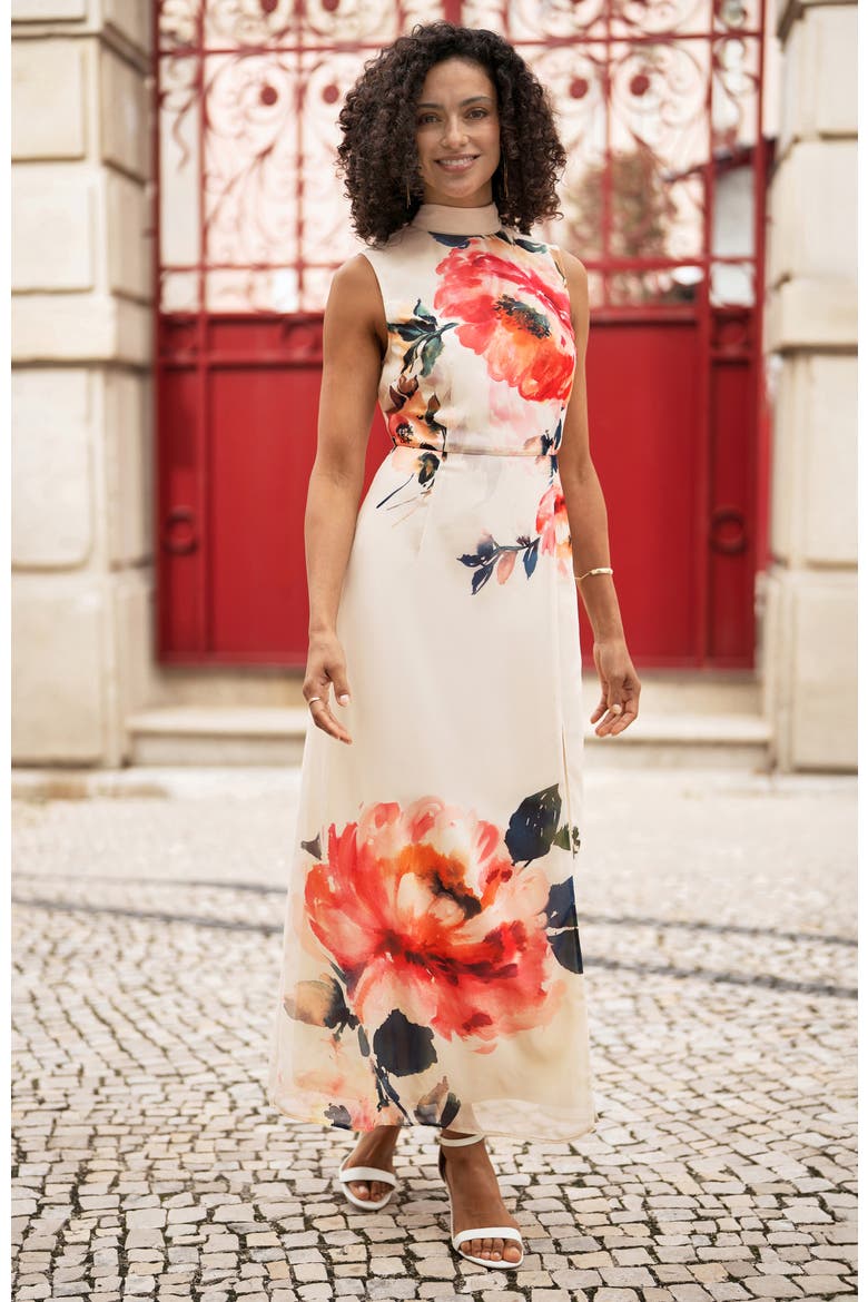 Flower High Neck Maxi Dress, Alternate, color, Ivory