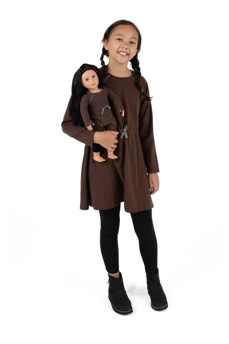 Girls Bow Tie Dress with Matching Doll Dress, Alternate, color, BROWN