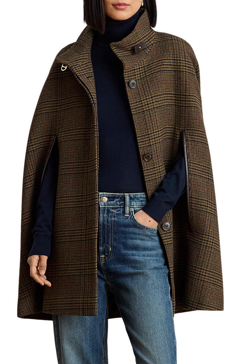 Houndstooth Wool Blend Cape, Main, color, GRAND LODEN PLAID