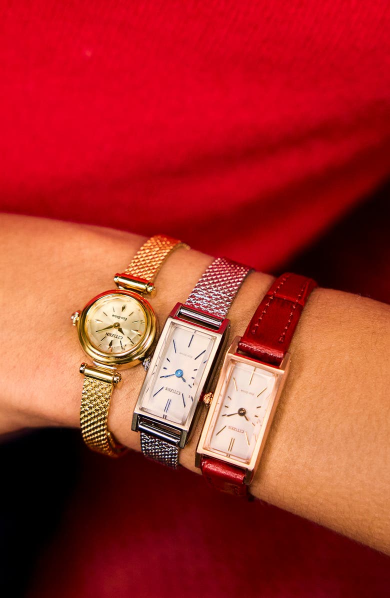 Citizen Fio Tank Red Leather Strap Watch, 14.3mm x 30.7mm, Alternate, color, White/ Red