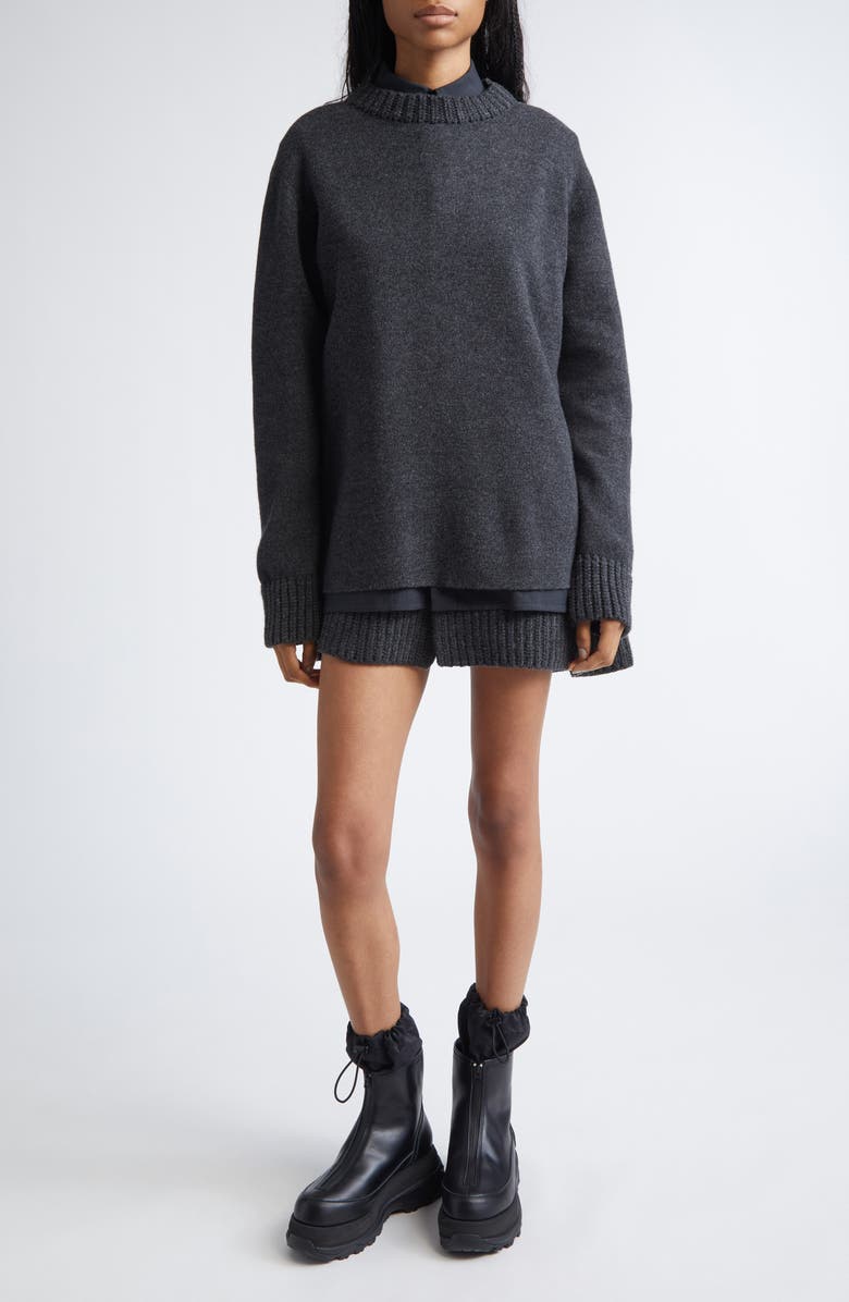 Sacai Mixed Media Long Sleeve Wool Suiting & Knit Sweater Dress, Main, color, Charcoal Gray