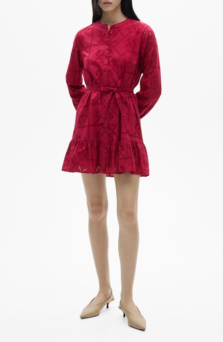 MANGO Eyelet Ruffle Hem Tie Waist Long Sleeve Minidress, Main, color, 