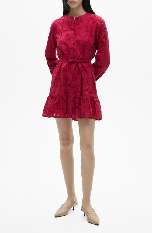 Mango Eyelet Ruffle Hem Tie Waist Long Sleeve Minidress In Strawberry