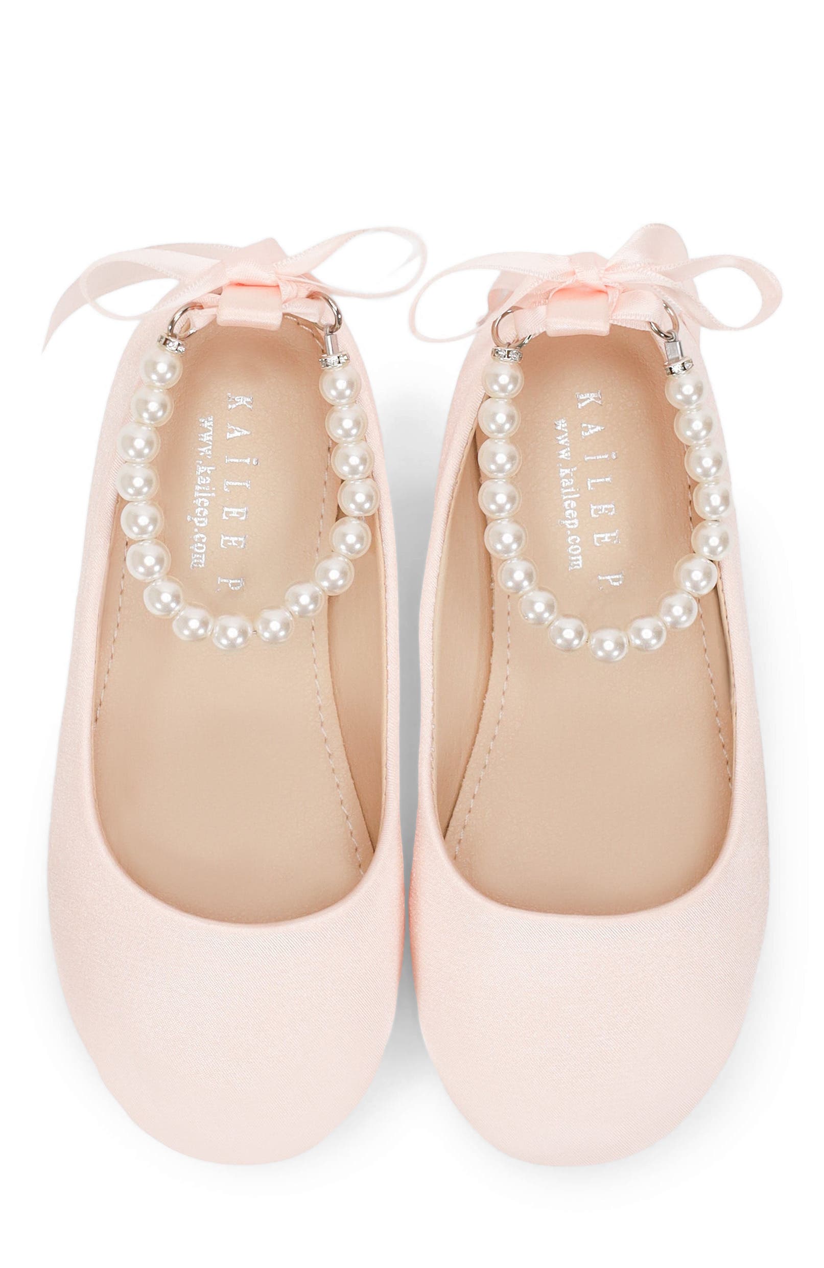 Kailee P Harper Satin Girl Flats with All Pearls Strap, Alternate, color, Pink