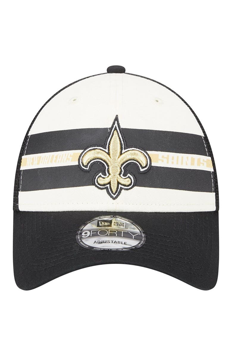 New Era Men's New Era Cream/Black New Orleans Saints Team Stripe Trucker 9FORTY Snapback Hat, Alternate, color, Cream