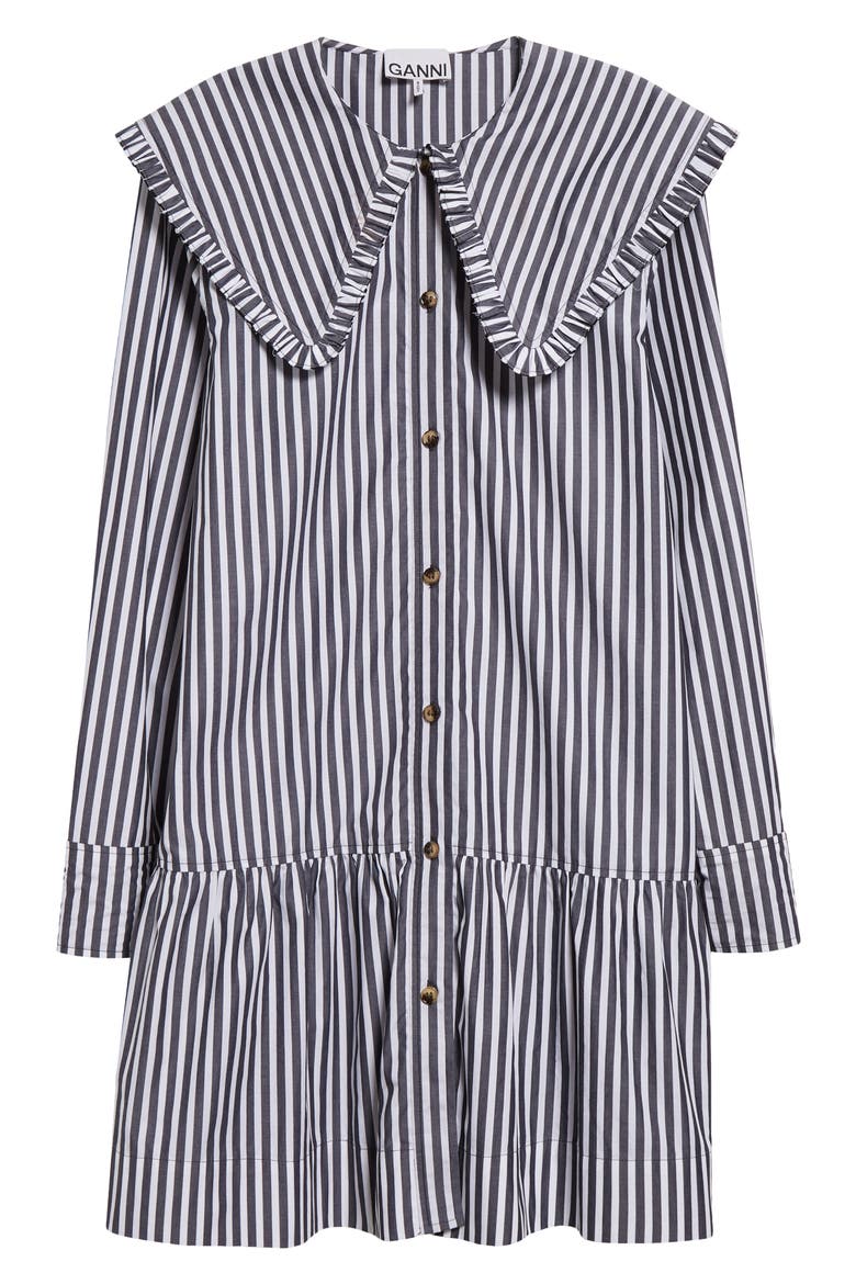 Stripe Collar Long Sleeve Organic Cotton Shift Dress, Alternate, color, BLACK