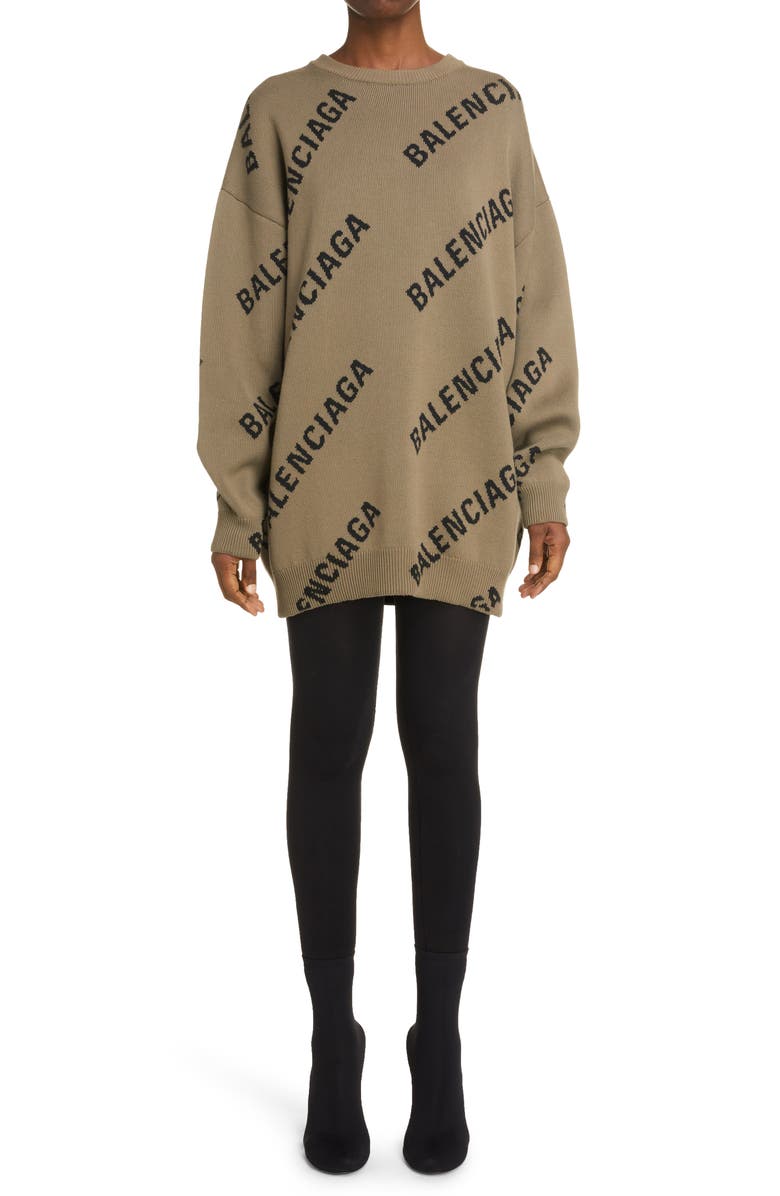 Balenciaga Logo Intarsia Oversize Crewneck Sweater, Alternate, color, 