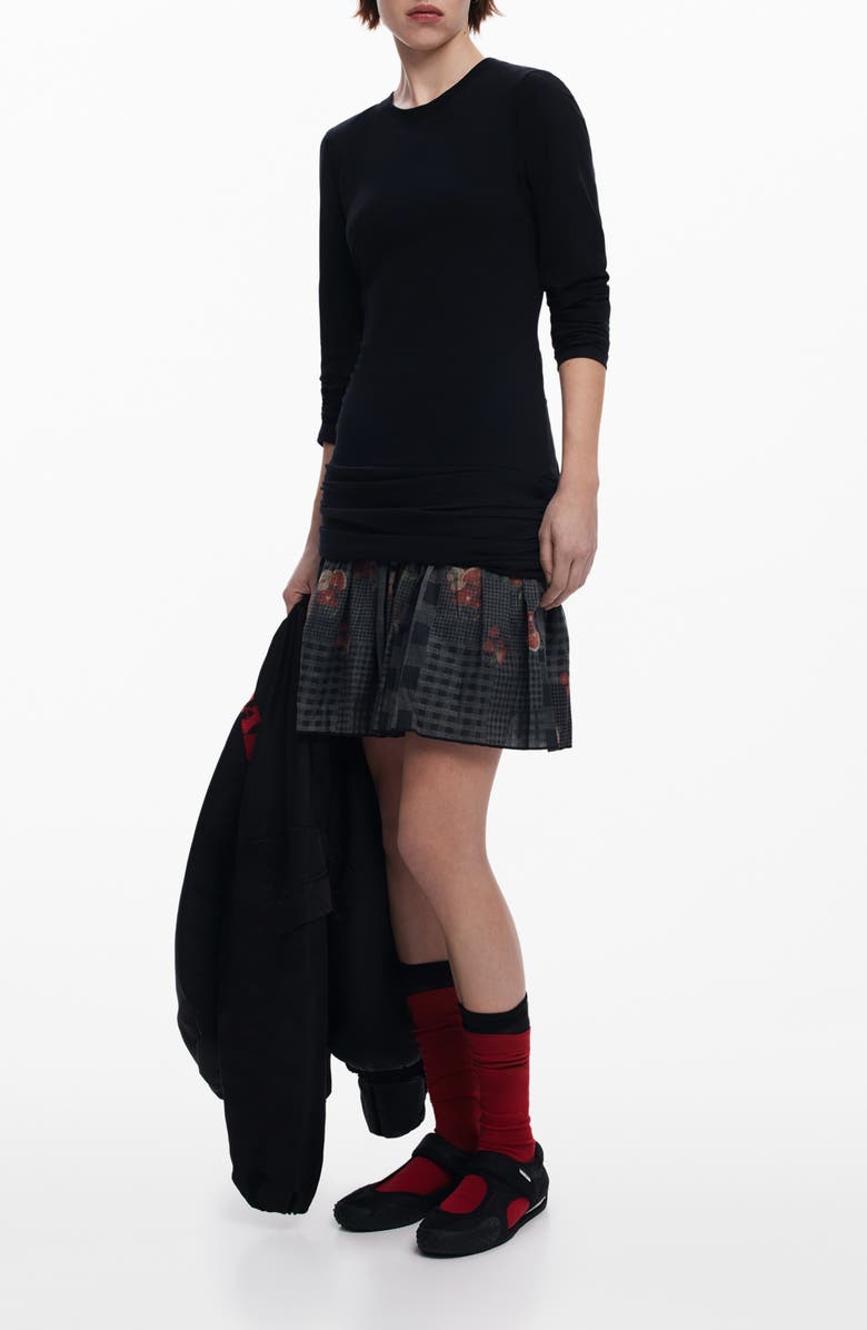 Desigual Mix Media Long Sleeve Dress, Main, color, Black