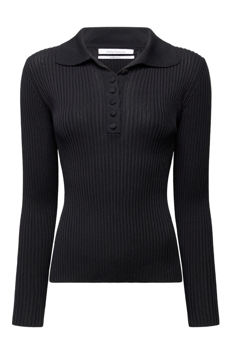 Another Tomorrow Ribbed Knit Polo, Alternate, color, Black
