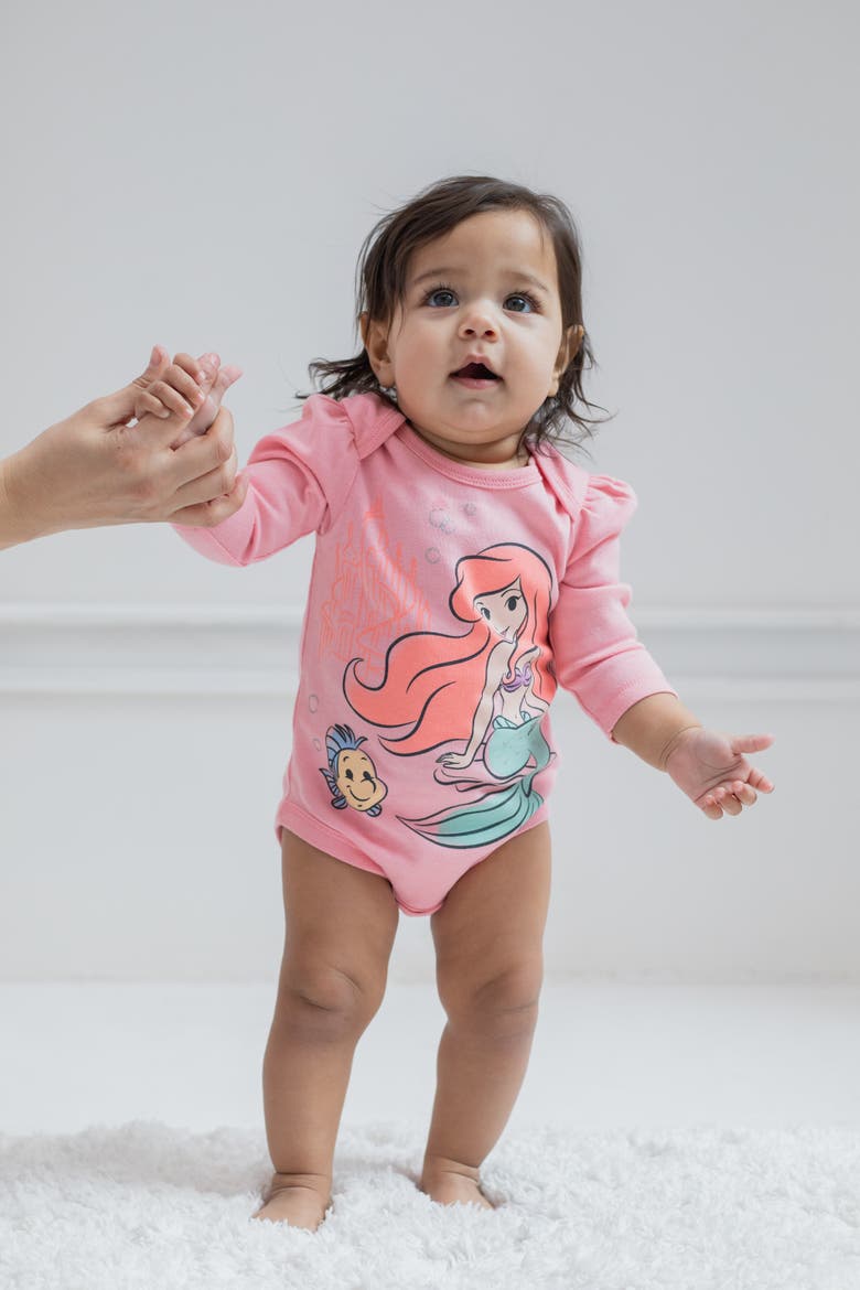Princess 5-Pack Long Sleeve Bodysuits, Alternate, color, Ariel Belle Pink Multi