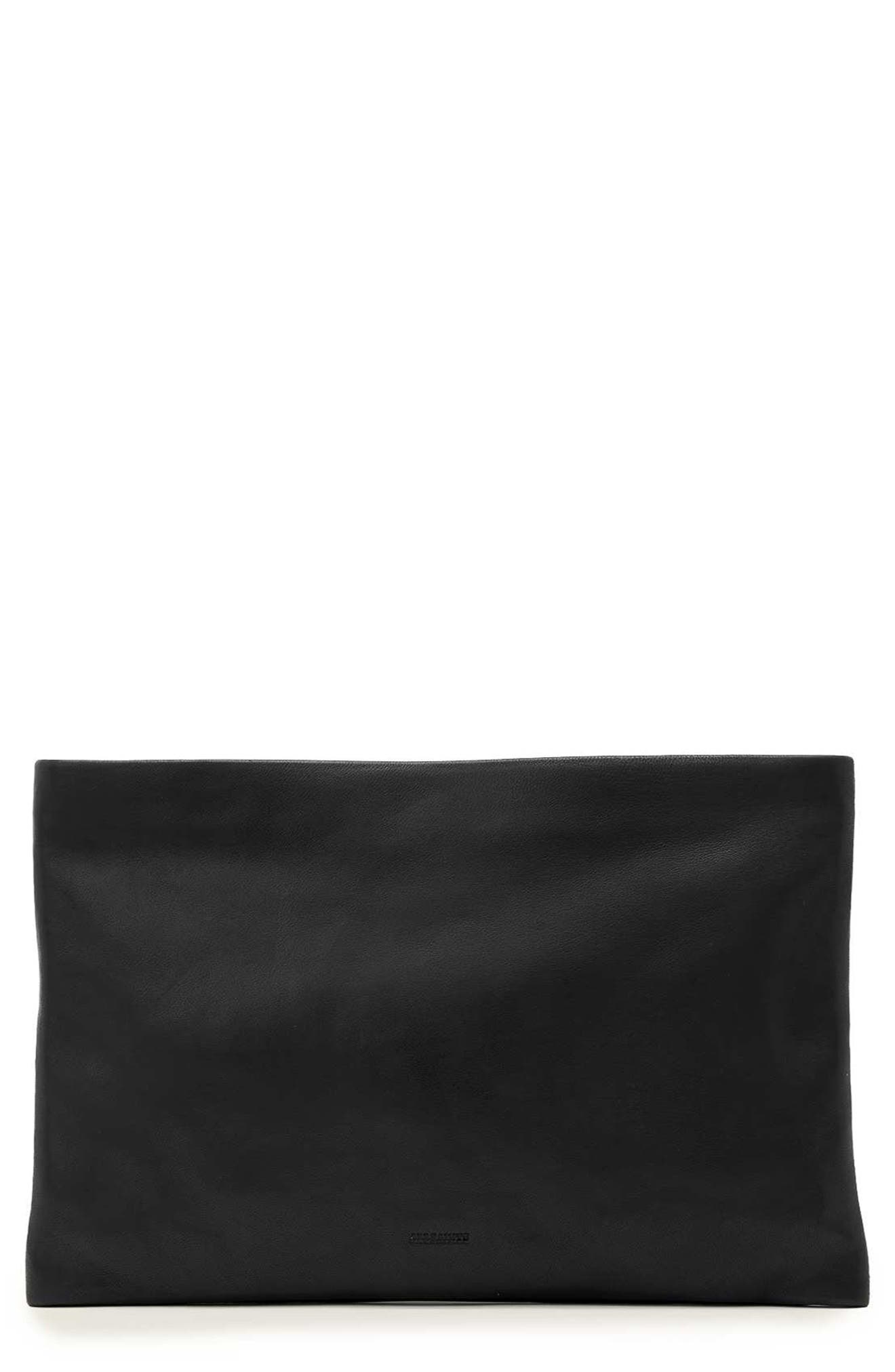 AllSaints Bettina Leather Clutch, Main, color, Black