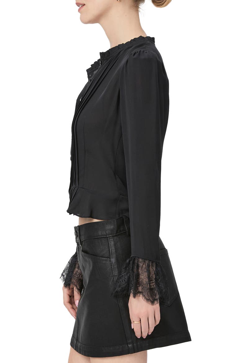 Franca Lace Trim Silk Button-Up Top, Alternate, color, BLACK