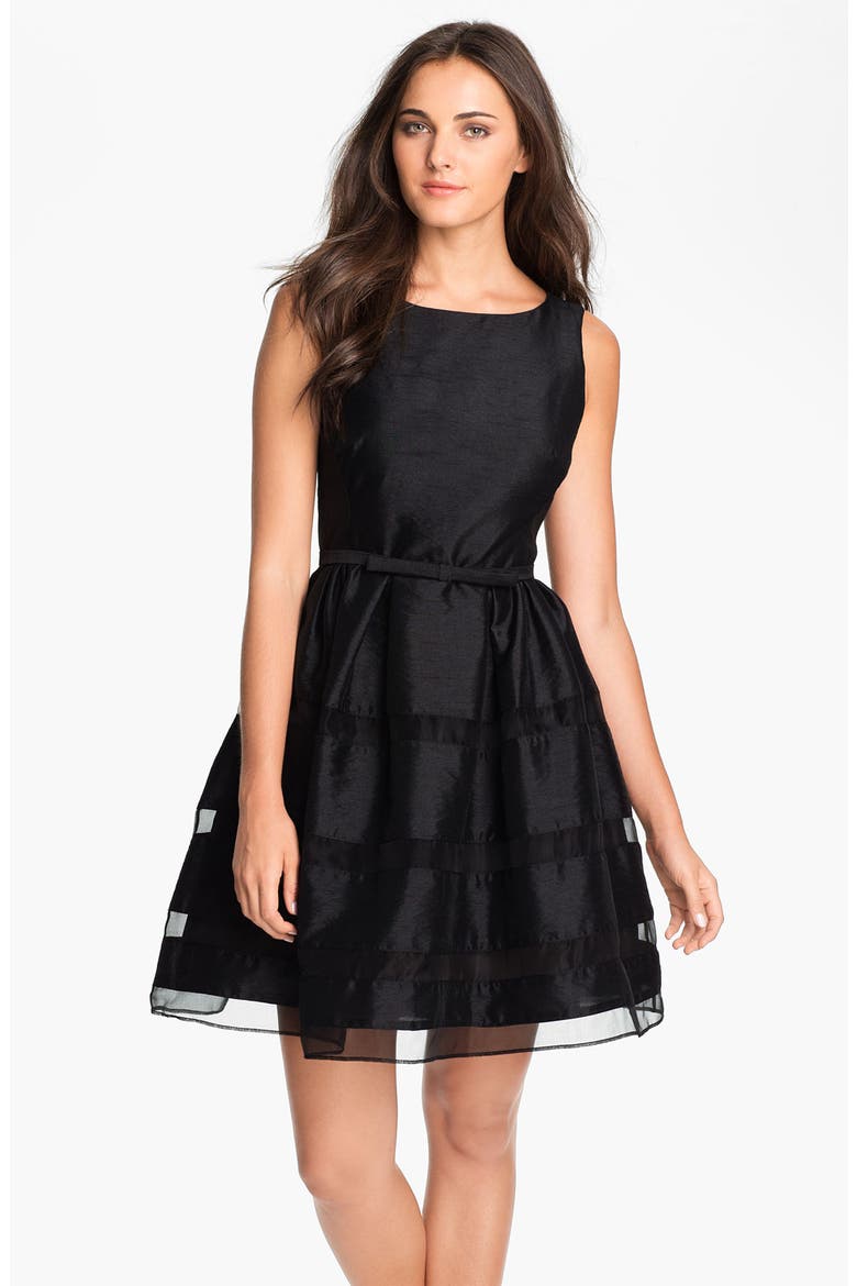 Tonal Stripe Fit & Flare Dress, Main, color, BLACK