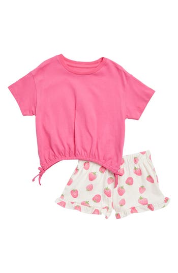 JESSICA SIMPSON JESSICA SIMPSON KIDS' DRAWSTRING HEM JERSEY T-SHIRT & STRAWBERRY SHORTS
