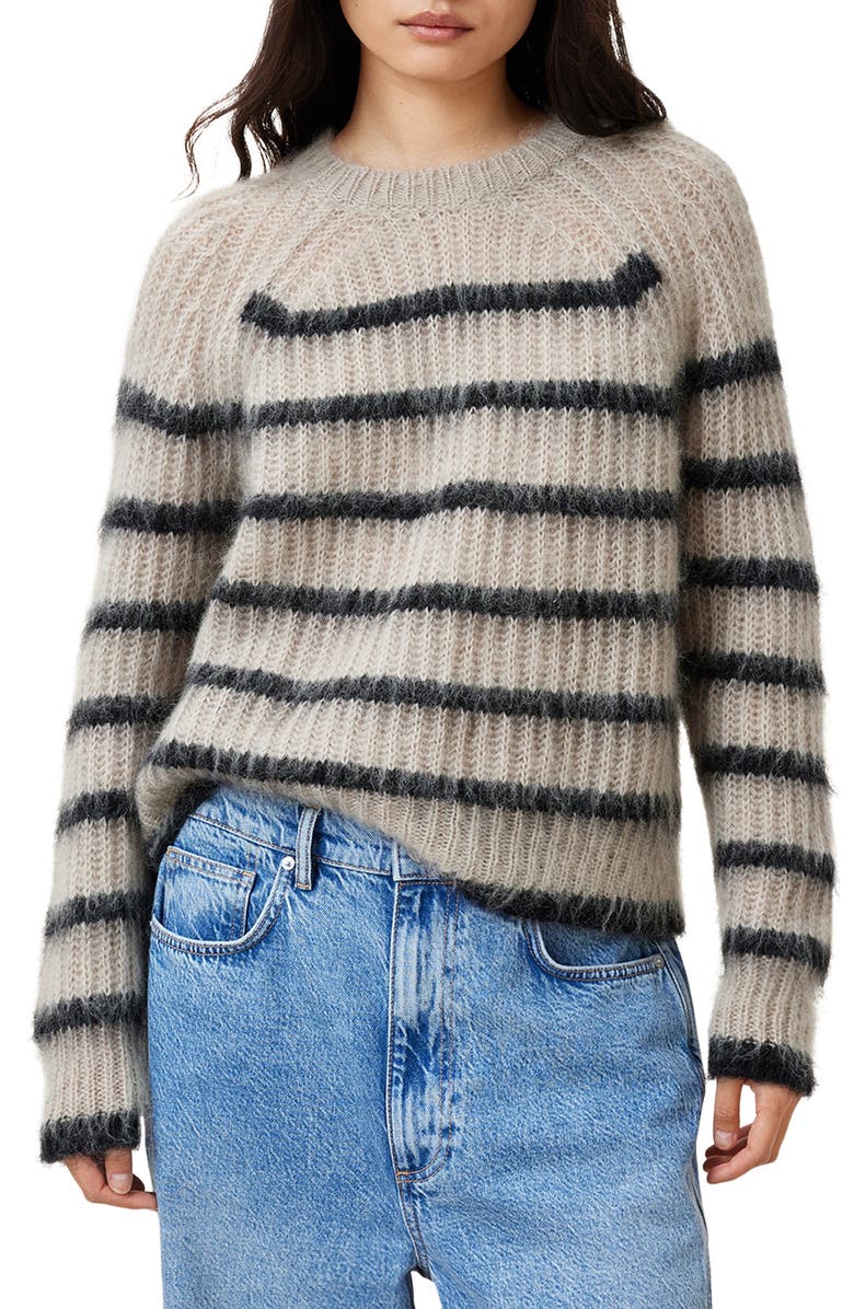 AllSaints Riga Stripe Crewneck Sweater, Main, color, Fawn Brown / Black