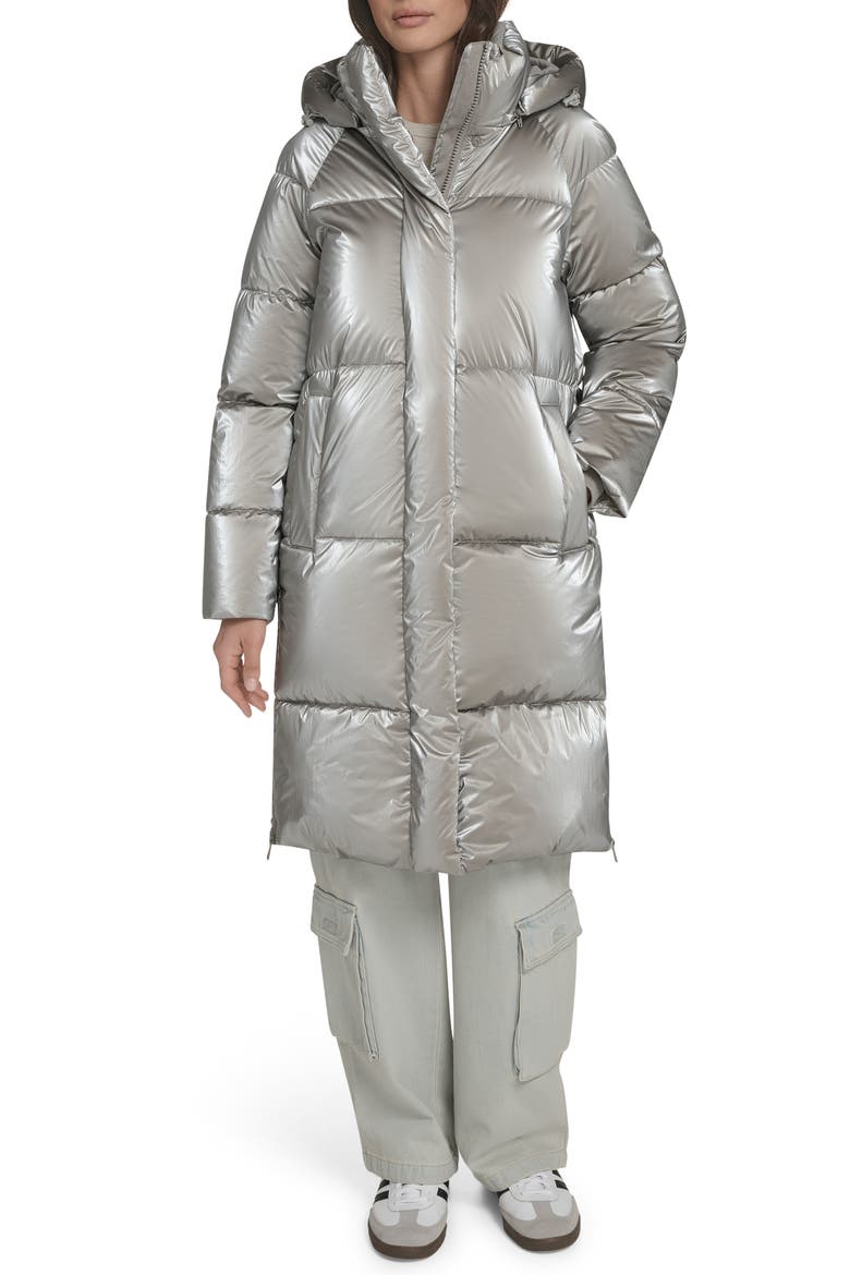 Water Resistant Mid Length Hooded Puffer Jacket, Main, color, SILVER