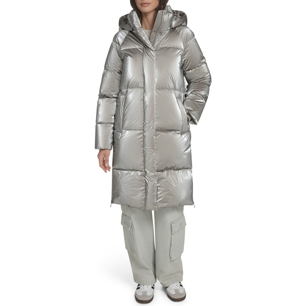 Levi's Water Resistant Mid Length Hooded Puffer Jacket In Silver