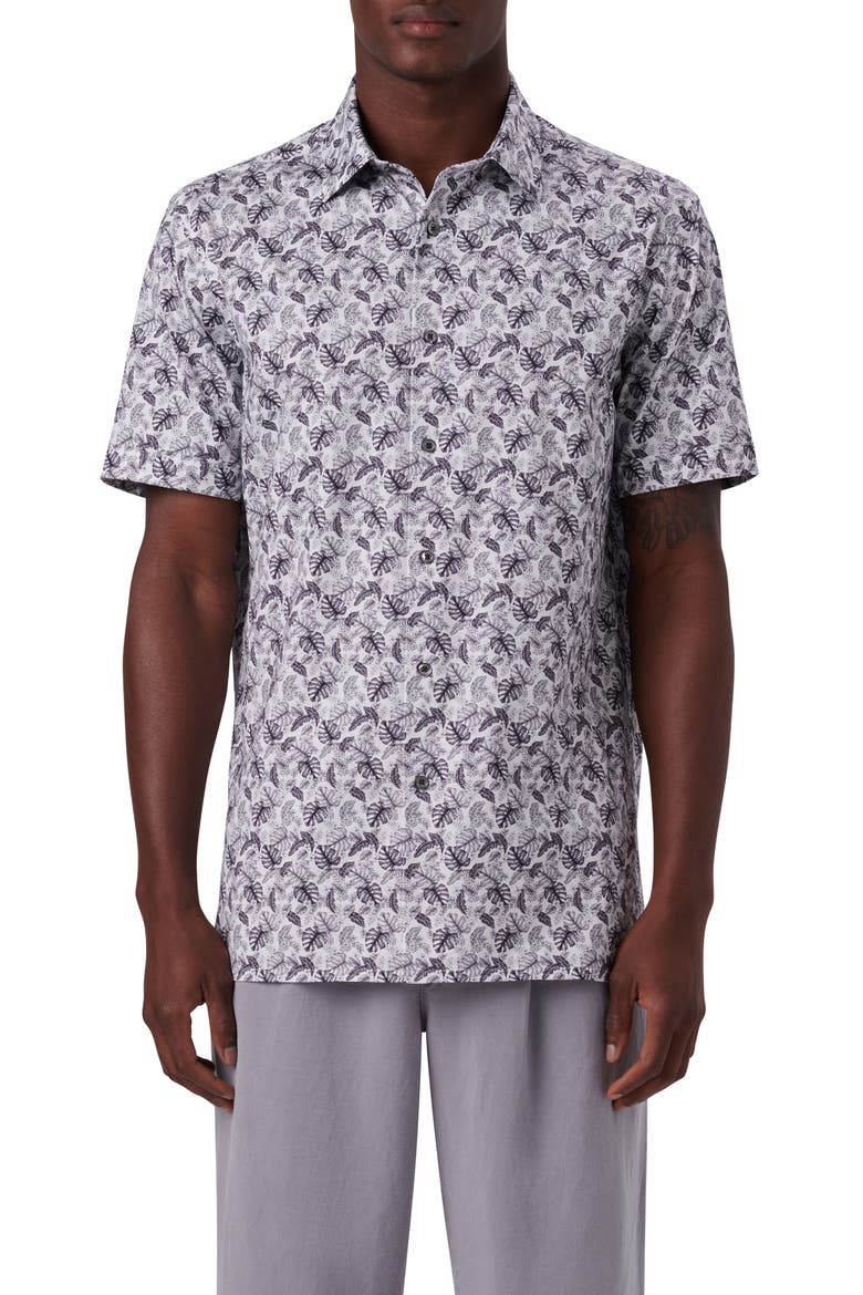 OoohCotton® Leaf Print Short Sleeve Button-Up Shirt, Main, color, CEMENT