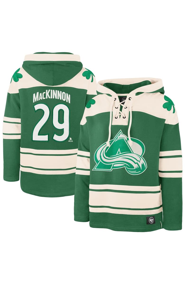 '47 Men's '47 Nathan MacKinnon Kelly Green Colorado Avalanche St. Patrick's Day Player Name & Number Lacer Pullover Hoodie, Alternate, color, Kelly Green