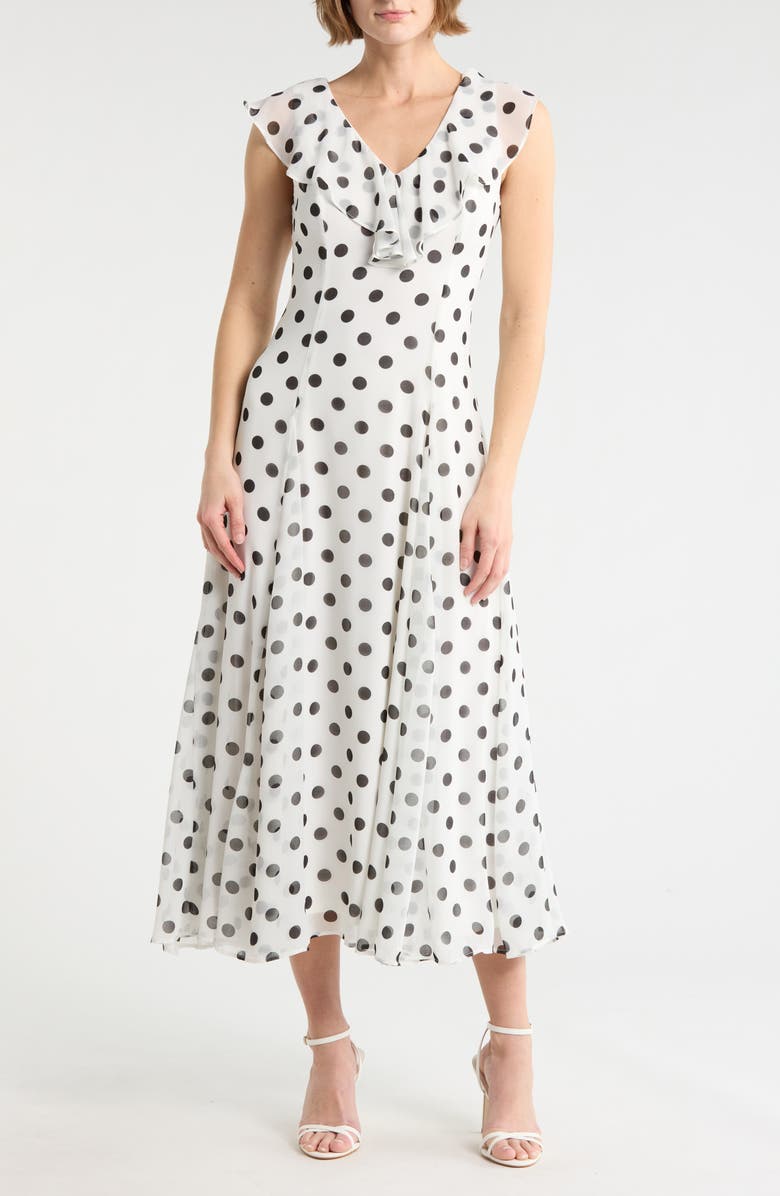 WAYF Ruffle Godet Maxi Dress, Main, color, Ivory Polka Dot