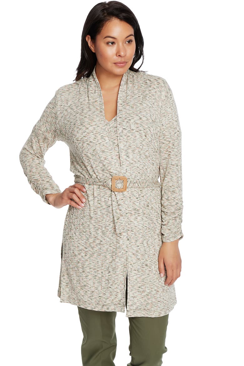 Jaspé Ribbed Belted Long Cardigan, Alternate, color, EXOTIC PALM