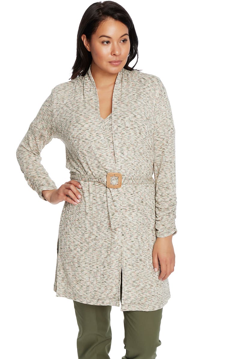 Chaus Jaspé Ribbed Belted Long Cardigan, Alternate, color, Exotic Palm