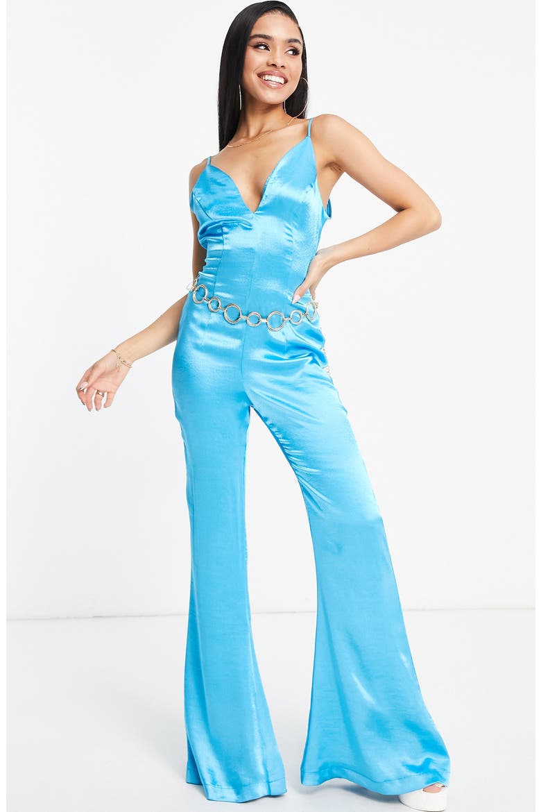 Flare Leg Fitted Satin Jumpsuit, Alternate, color, TURQUOISE