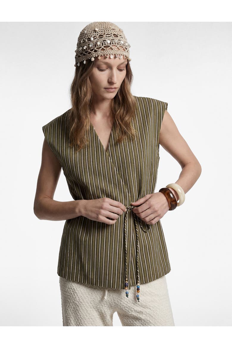 Sleeveless V-Neck Striped Wrap Top, Alternate, color, KHAKI STRIPE
