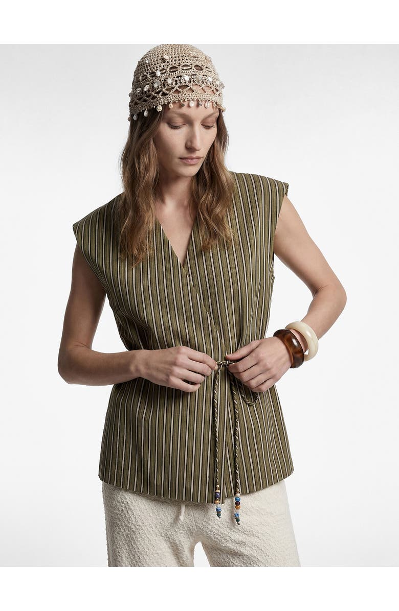 Koton Sleeveless V-Neck Striped Wrap Top, Alternate, color, Khaki Stripe