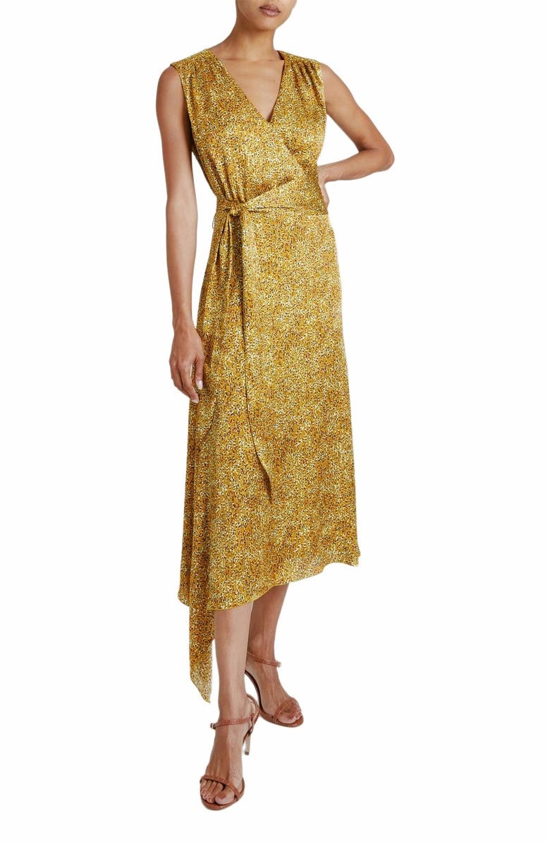 Santorelli VELIA Sleeveless Midi Dress in Dijon Yellow Printed Satin, Main, color,