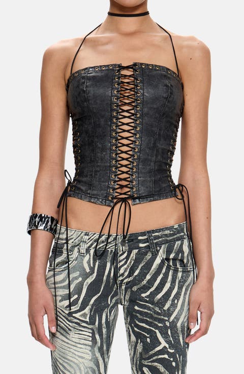 Halter Lace-Up Crop Faux Leather Corset Top