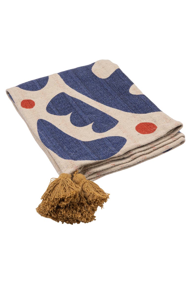 Woven Cotton Blend Throw with Abstract Design, Stripes and Tassels, Multicolor, Main, color, Blue