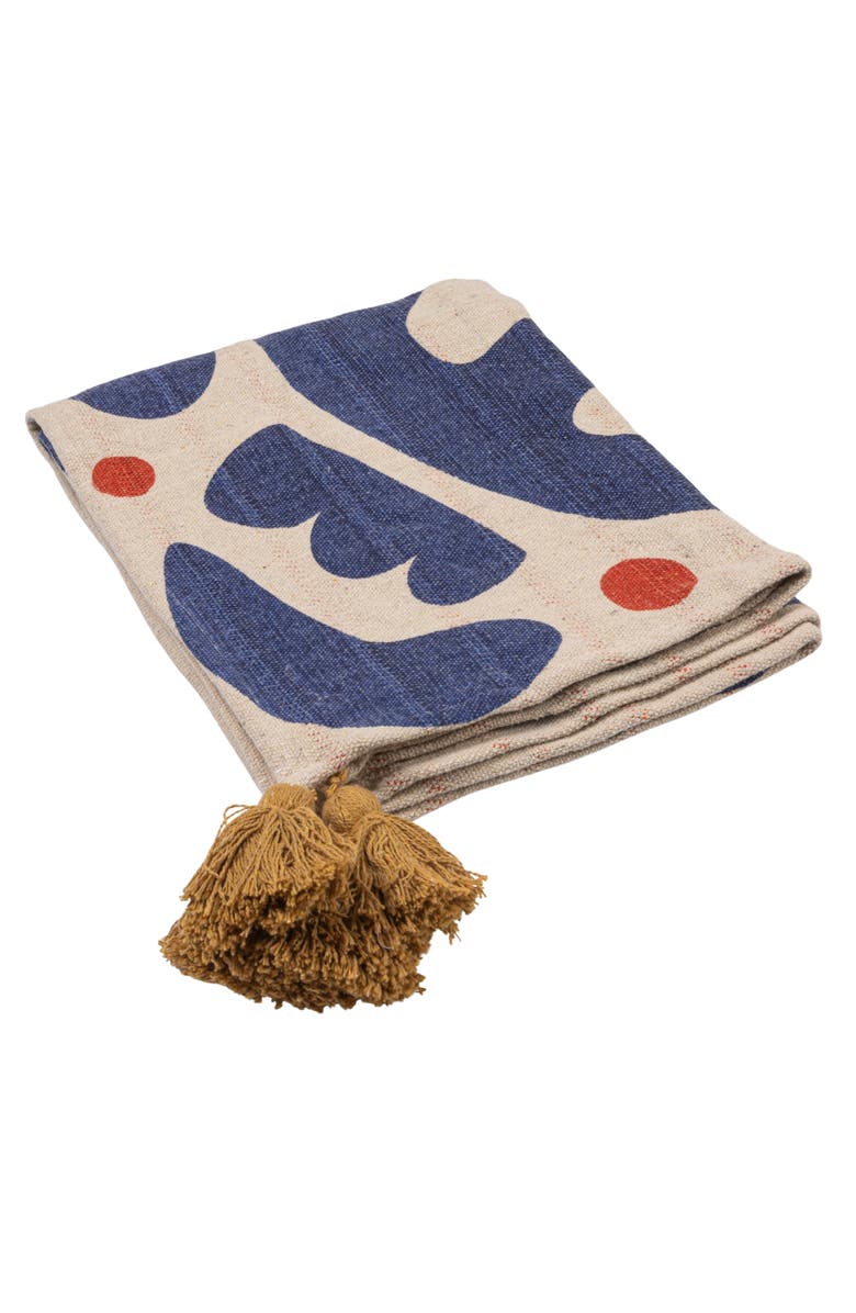 Storied Home Woven Cotton Blend Throw with Abstract Design, Stripes and Tassels, Multicolor, Main, color, Blue