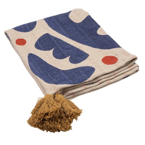 Woven Cotton Blend Throw with Abstract Design, Stripes and Tassels, Multicolor