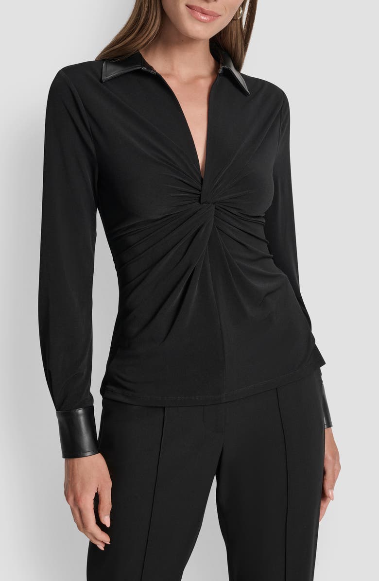 DKNY Mixed Media Long Sleeve Knot Front Top, Main, color, 