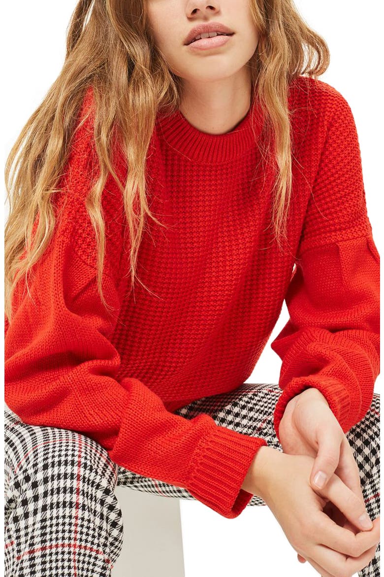 Pleat Sleeve Sweater, Main, color, RED