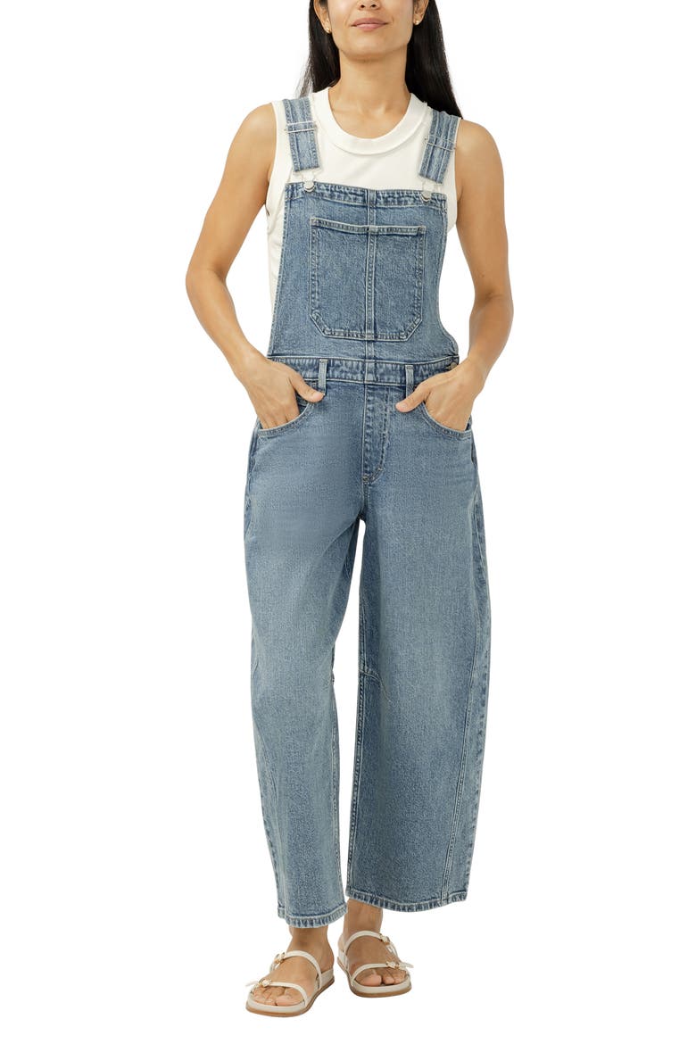 Barrel Leg Denim Overalls, Main, color, MIRAMAR