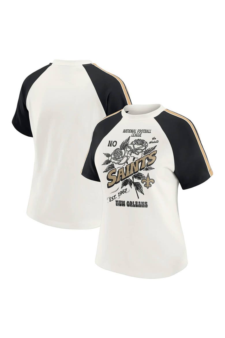 Women's WEAR by Erin Andrews White New Orleans Saints Sleeve Stripe Distressed Raglan T-Shirt, Main, color, White