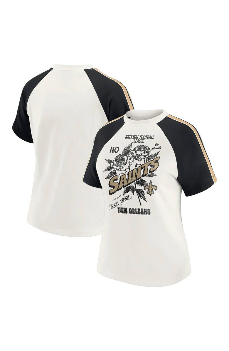 WEAR by Erin Andrews Women's WEAR by Erin Andrews White New Orleans Saints Sleeve Stripe Distressed Raglan T-Shirt, Main, color, White