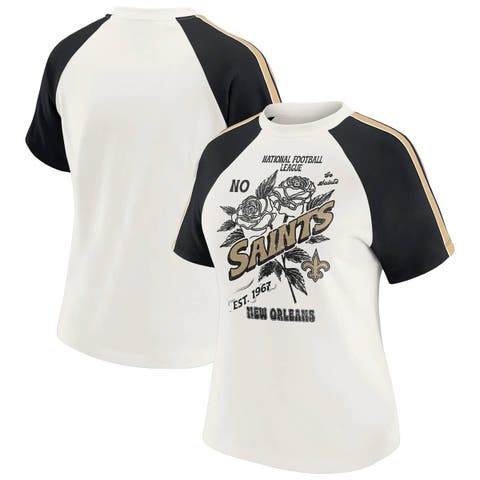 Women's WEAR by Erin Andrews White New Orleans Saints Sleeve Stripe Distressed Raglan T-Shirt