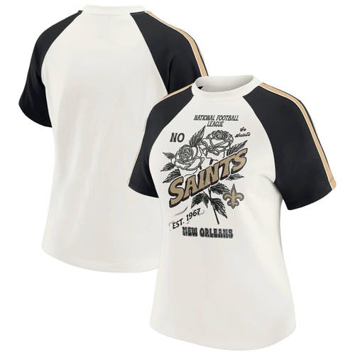 Wear By Erin Andrews White New Orleans Saints Sleeve Stripe Distressed Raglan T-shirt In White