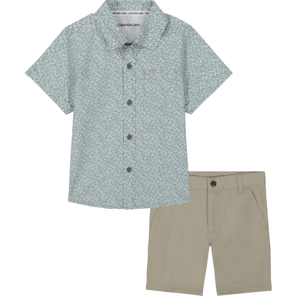 Calvin Klein Toddler And Little Boys Printed Poplin Short Sleeve Shirt And Twill Shorts, 2-piece Set In Sage