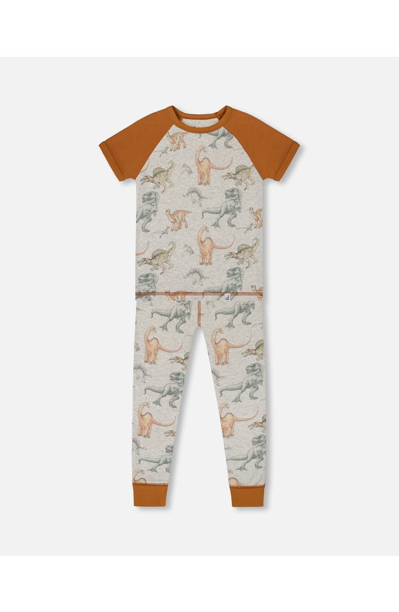 Deux par Deux Little Boy's Organic Cotton Two-Piece Short Sleeve Top And Pant Pajama Set Dinosaur On Mottled And Tan Background, Main, color, 
