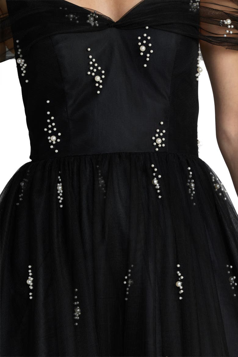Pearl Embellished Off The Shoulder Ball Gown, Alternate, color, Black