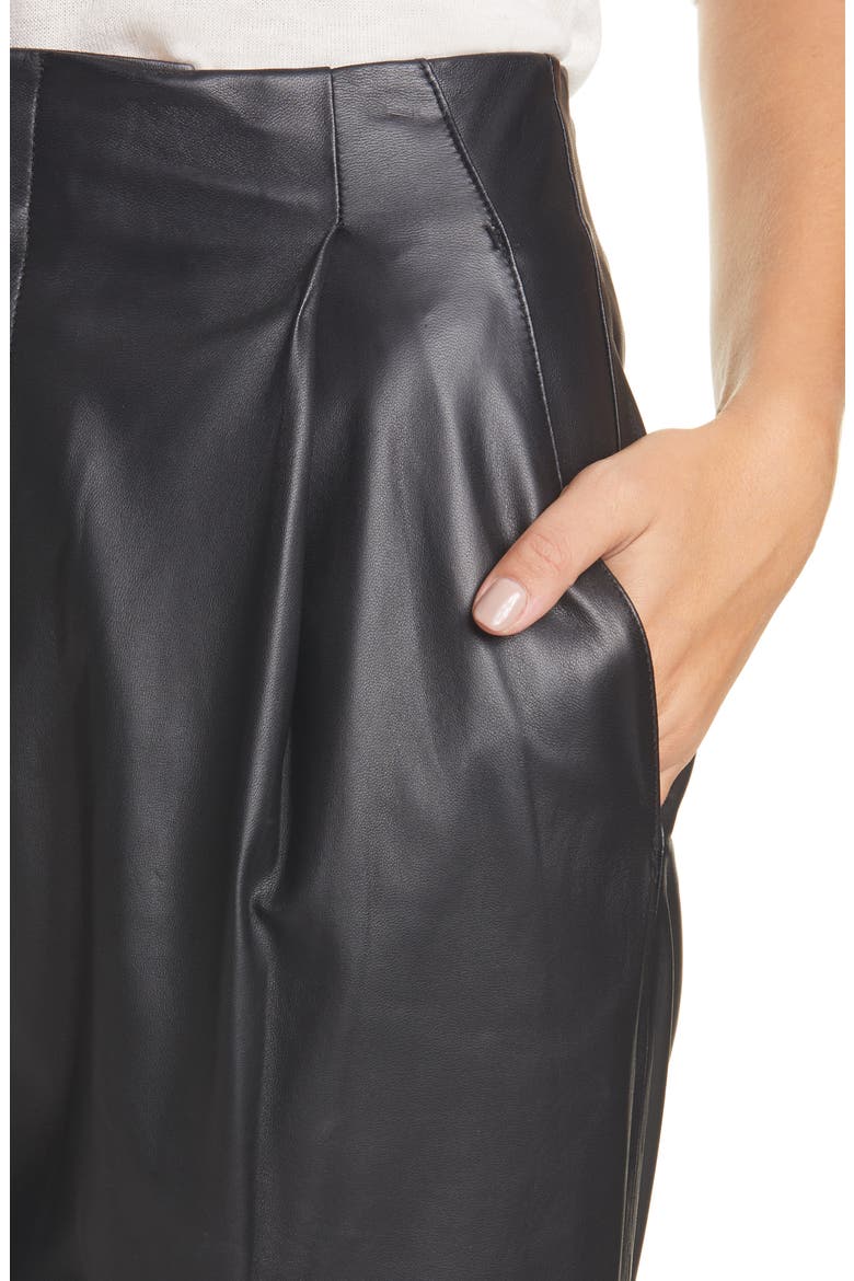 Pleat Front Tapered Leather Trousers, Alternate, color, BLACK